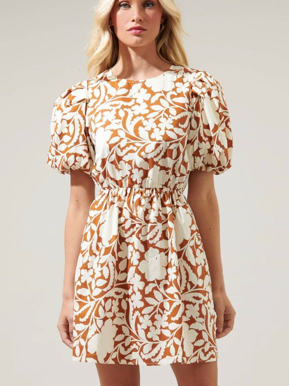 Sugarlips Aurelia Floral Puff Sleeve Cotton A-Line Mini Dress in Cream Brown, L